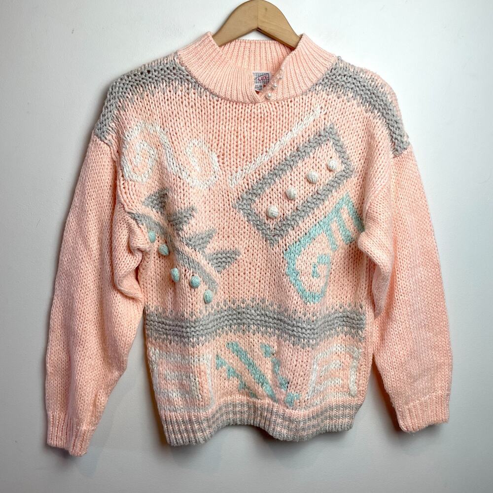 Vintage 80s 90s Textured Bobble Knit Sweater Medium Pink Maximalist Retro